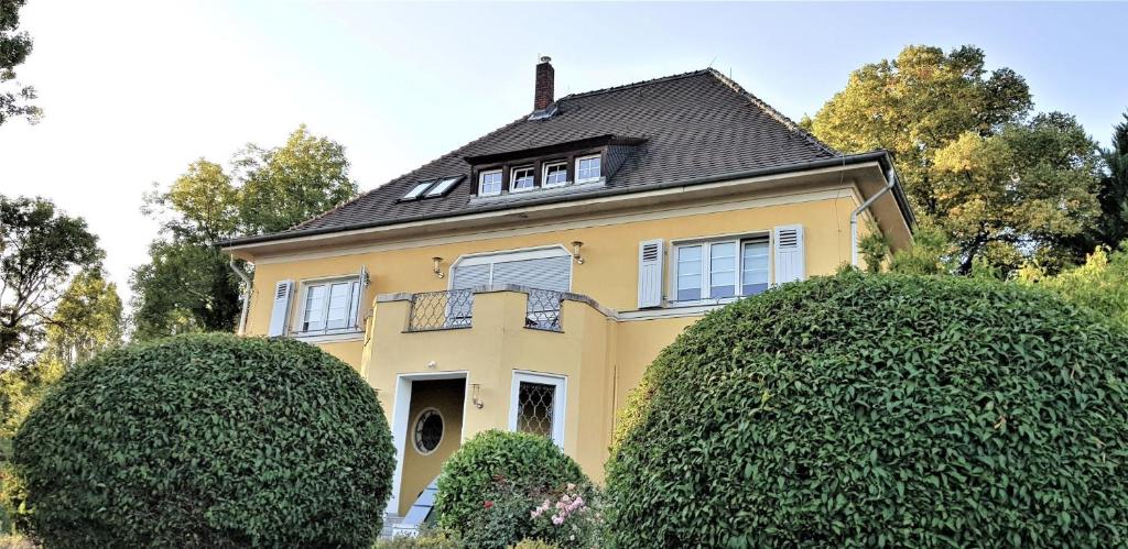 a yellow house with a black roof and two bushes at Villa Romahn in Schkeuditz