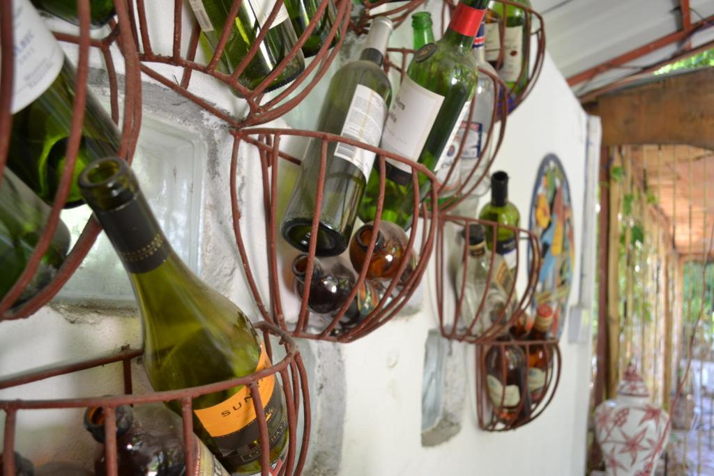 a bunch of wine bottles hanging on a wall at Pacot Breeze Hotel in Port-au-Prince