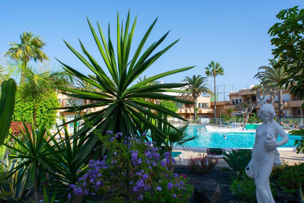 uma estátua num jardim ao lado de uma piscina em La Primera Duna - Residencial Las Dunas em Corralejo