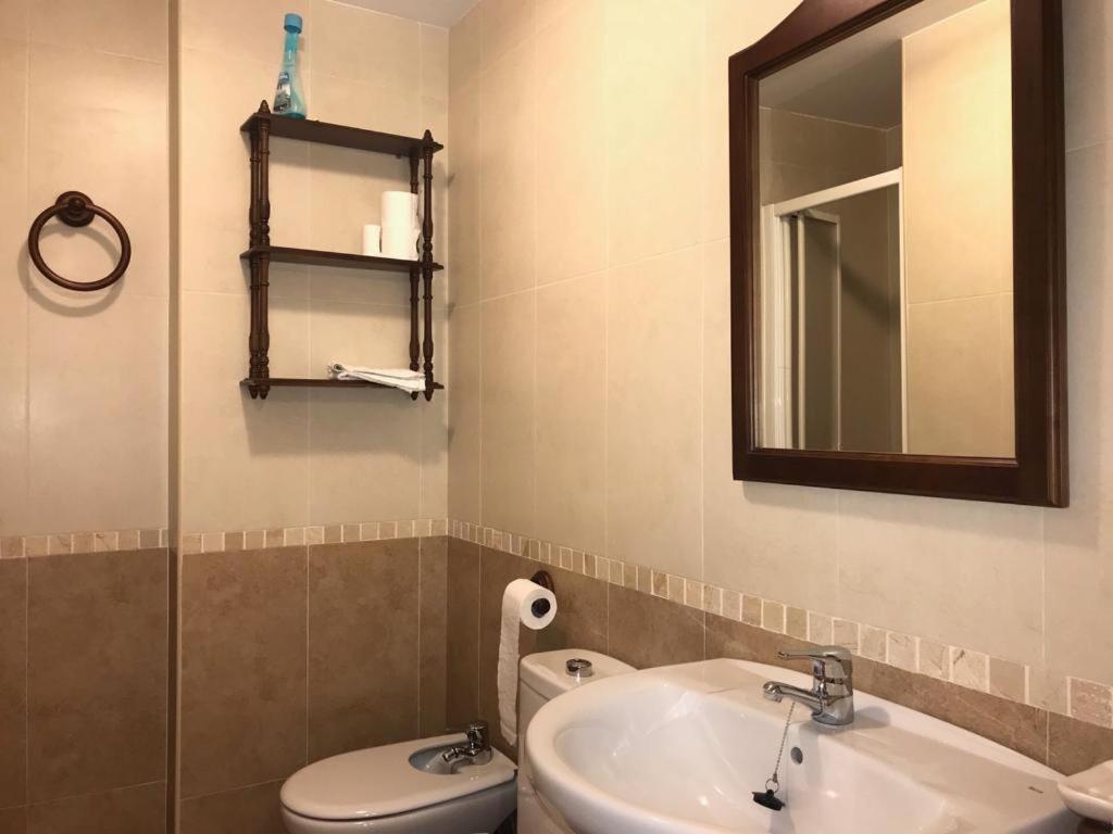 Un baño con lavabo, inodoro y espejo. en Casa Elvira, en Arroyo Frío