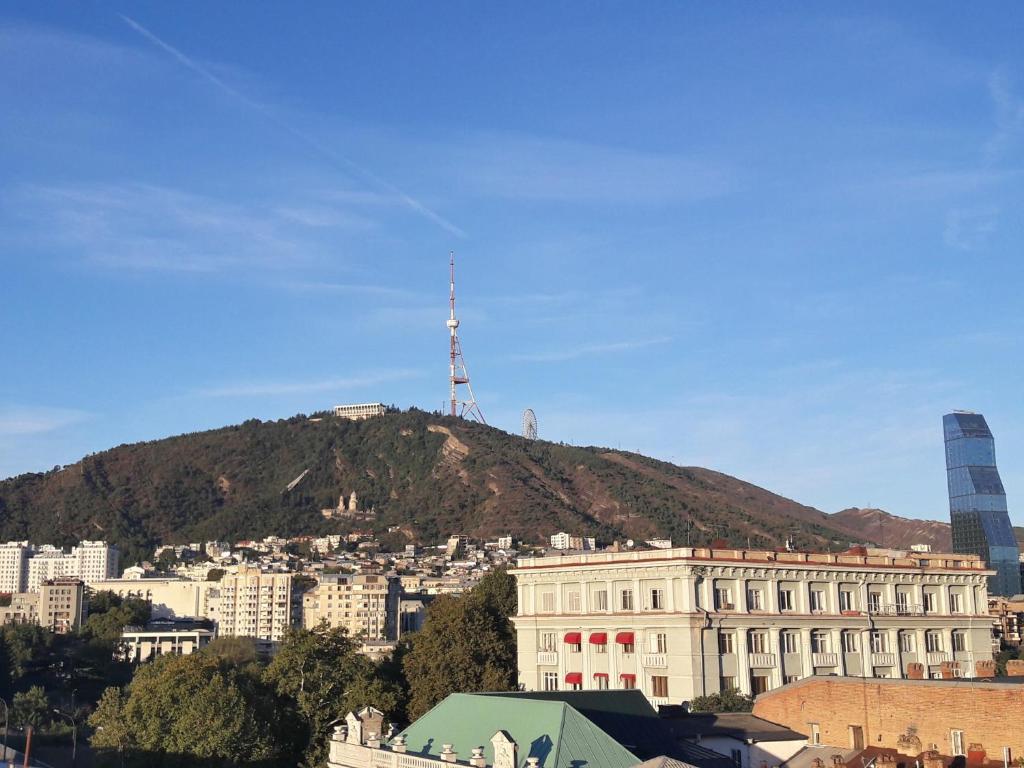 - une vue sur un bâtiment avec une tour au sommet d'une montagne dans l'établissement Apart-Hotel David, à Tbilissi
