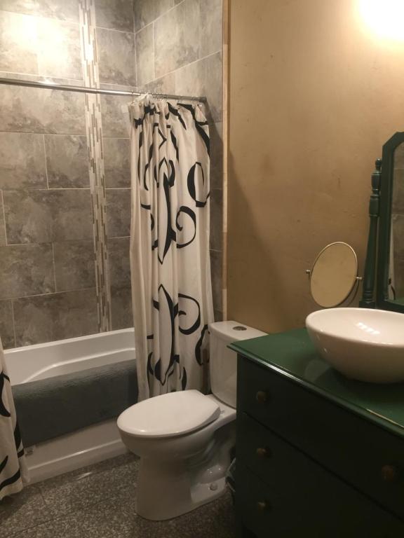 a bathroom with a toilet and a sink and a shower curtain at The Old Church B&B in Warner