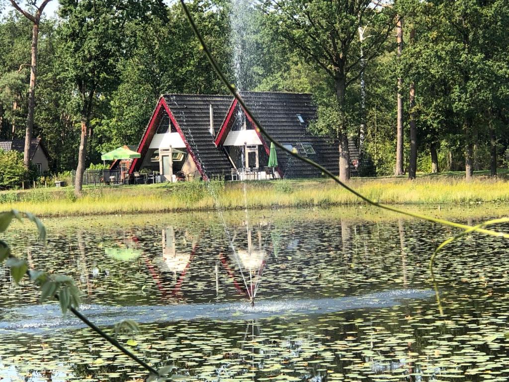 a house with a fountain in the middle of a pond at 't Vosseven vakantiepark in Stramproy