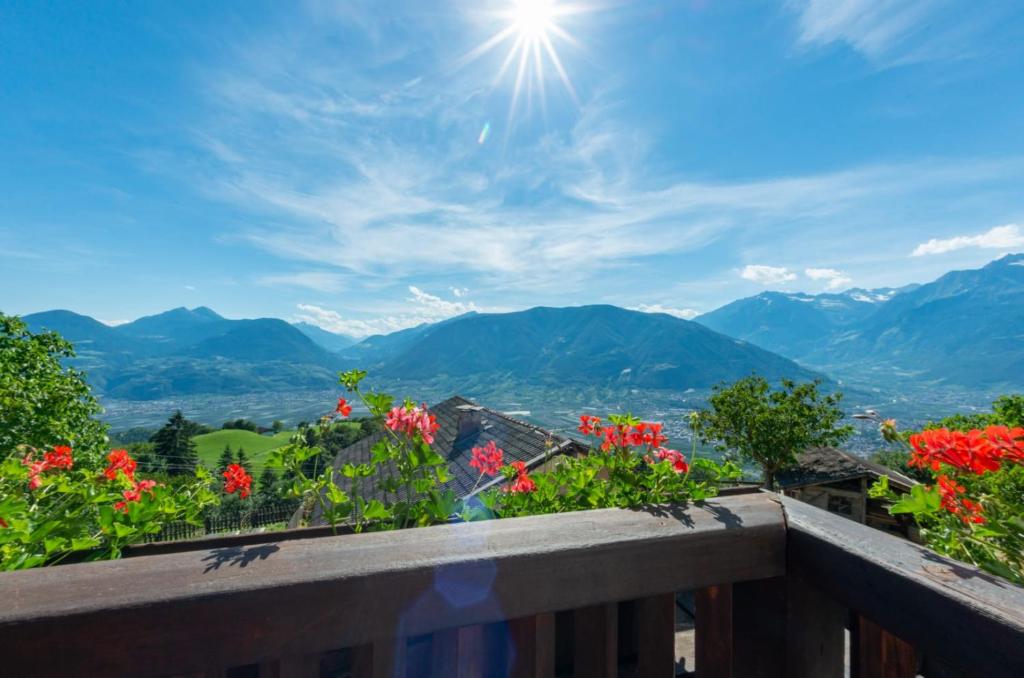 a view from the balcony of a house with flowers at Ferienwohnungen Oberweier in Merano