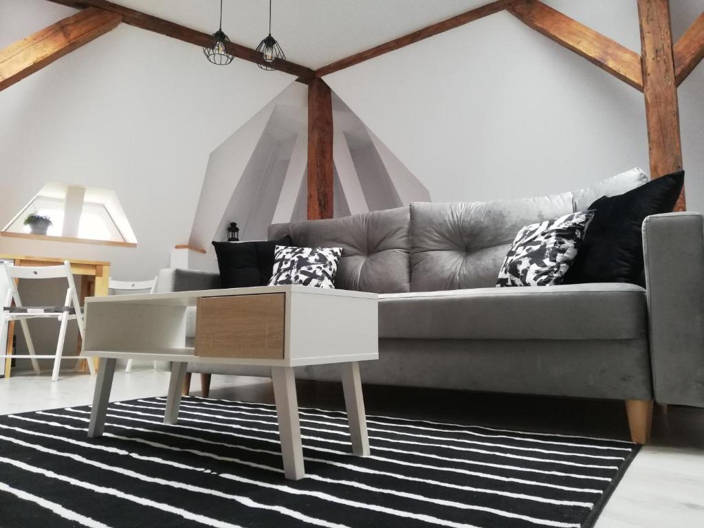 a living room with a couch and a coffee table at Apartament Tower in Bydgoszcz