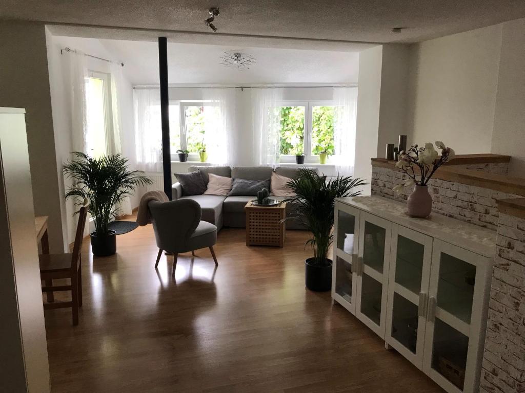 een woonkamer met een bank en een open haard bij Ferienwohnung Egerten in Wehr