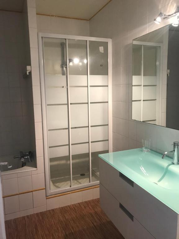 a bathroom with a sink and a shower with a mirror at Le petit coin de Paradis in Varaville