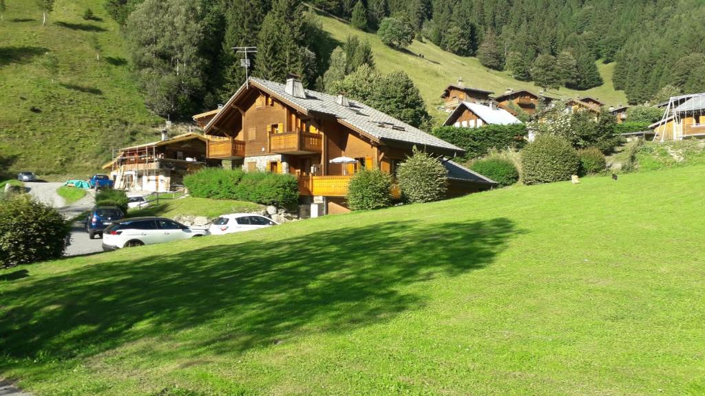 a large wooden house on a hill with a green field at Le Lièvre Blanc, appartement N°2 in Les Contamines-Montjoie