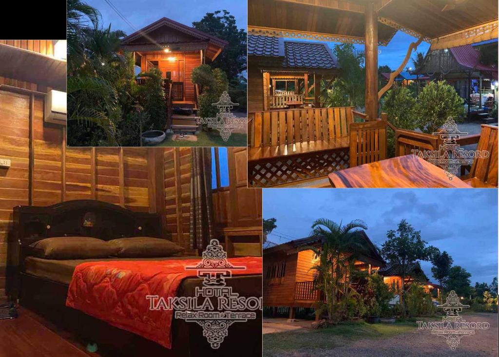 eine Collage mit Bildern eines Hauses mit einem Bett in der Unterkunft Taksila Resort ฏักร์ศิลารีสอร์ท in Ban Nong Lup