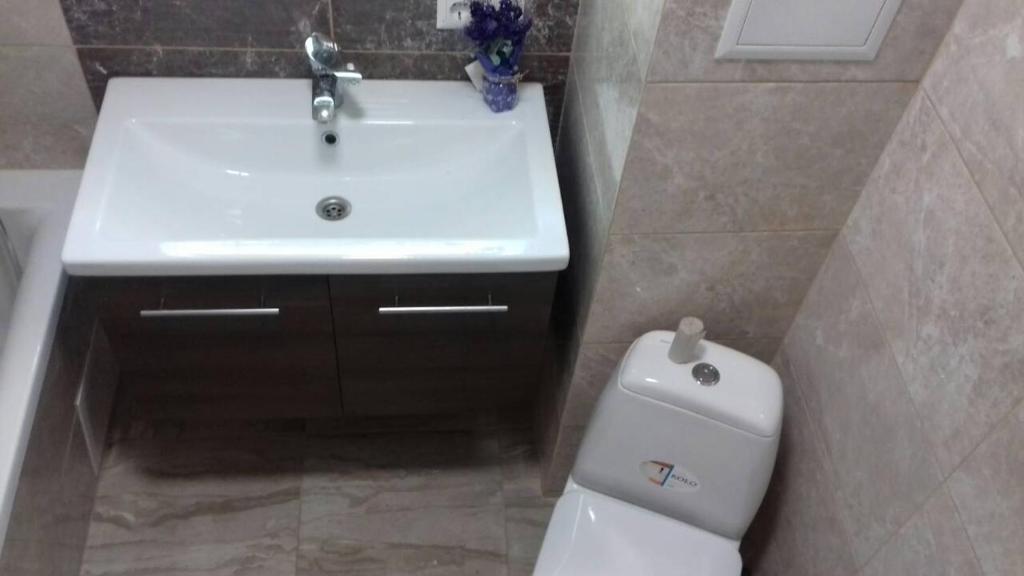 y baño con lavabo blanco y aseo. en Современная квартира у метро Студенческая Дафи Караван Барабашово, en Járkov
