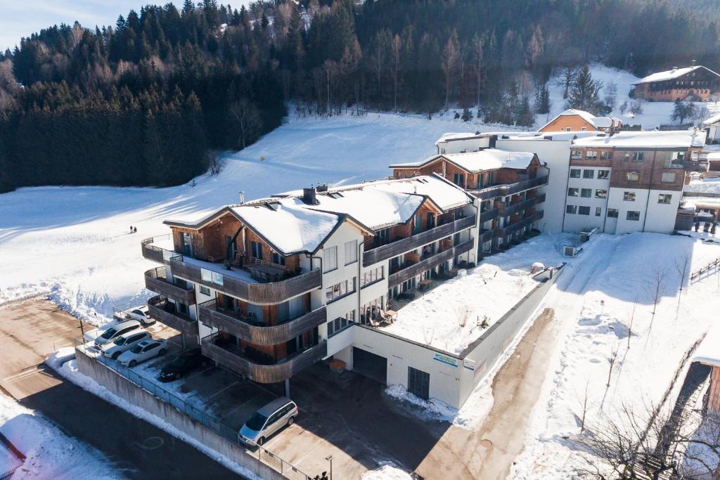 an aerial view of a building in the snow at Sissi Park Haus im Ennstal - Schladming in Haus im Ennstal