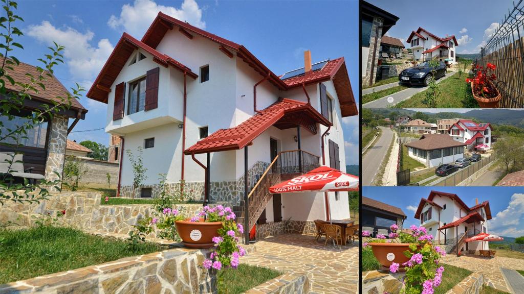 un collage de fotos de una casa con flores en Foisorul Din Poveste, en Şerbăneşti