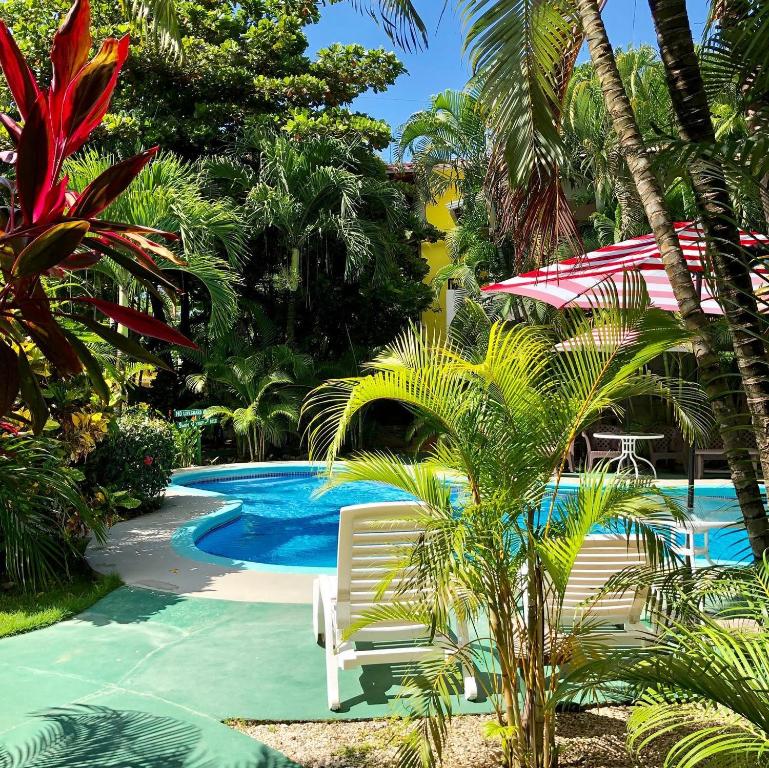a pool with two chairs and an umbrella and palm trees at Villas Verdes in Sámara