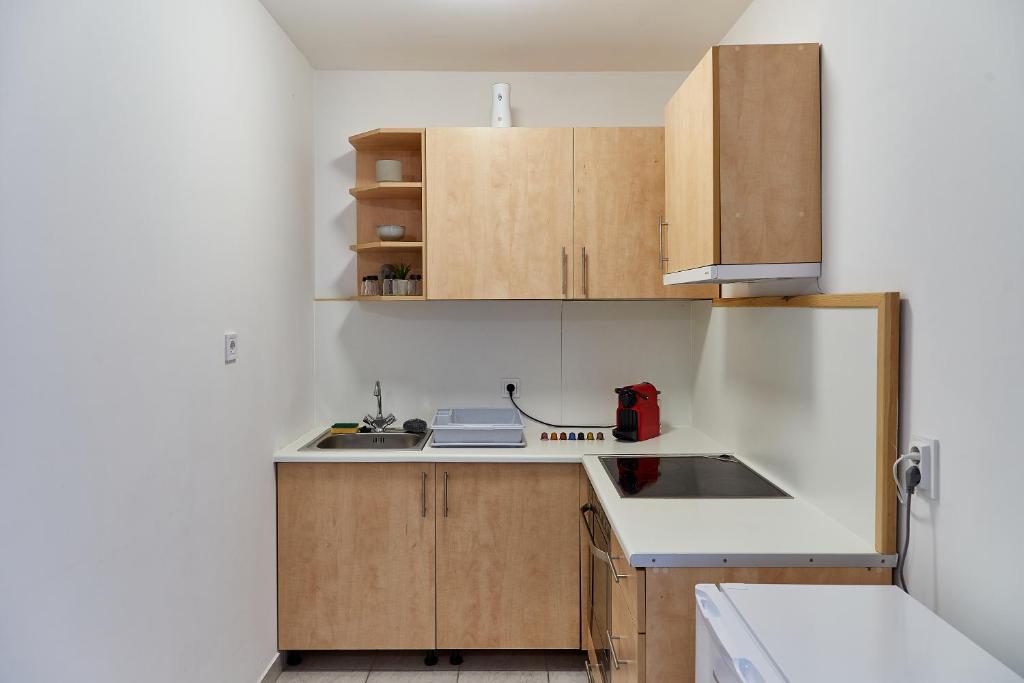 a kitchen with a sink and wooden cabinets at AqFel Airport Apartment in Vecsés