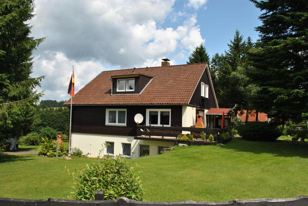 a black and white house with a green yard at Haus Rehblick FeWo-App-2 in Sankt Andreasberg