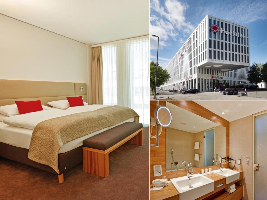 um quarto de hotel com uma cama e um lavatório e um edifício em H4 Hotel München Messe em Munique