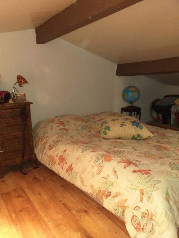 1 dormitorio con 1 cama y suelo de madera en tony vero, en Cournonterral