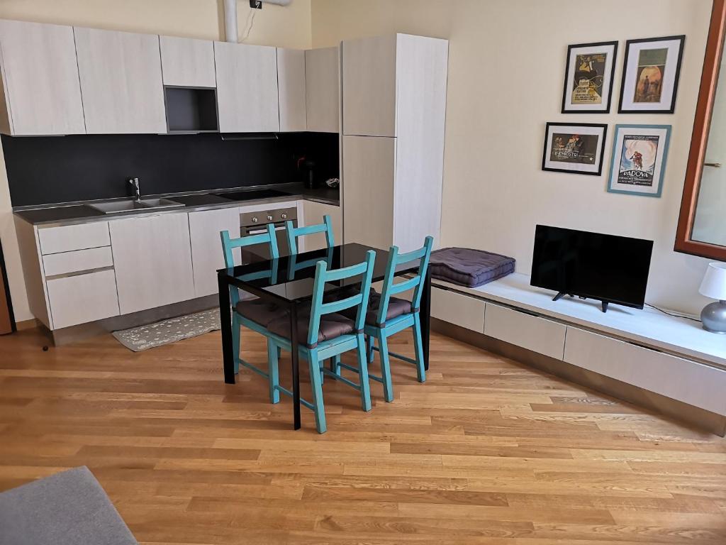une cuisine avec une table et des chaises ainsi qu'une télévision dans l'établissement PATAVIUM APARTMENT, à Padoue