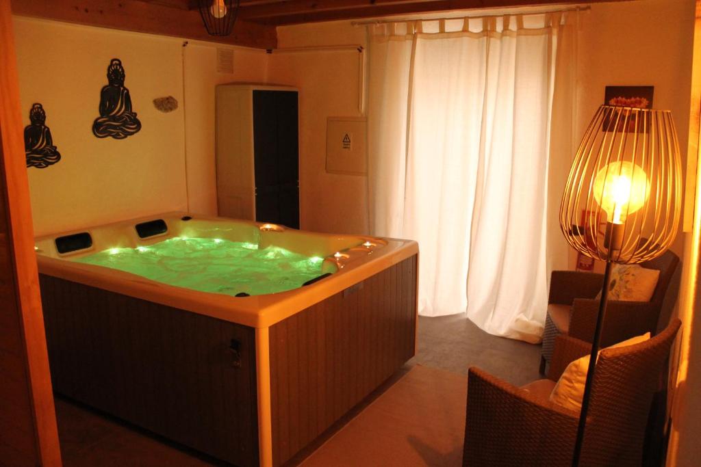 a jacuzzi tub in a living room with a window at Serapicos House in Bragança