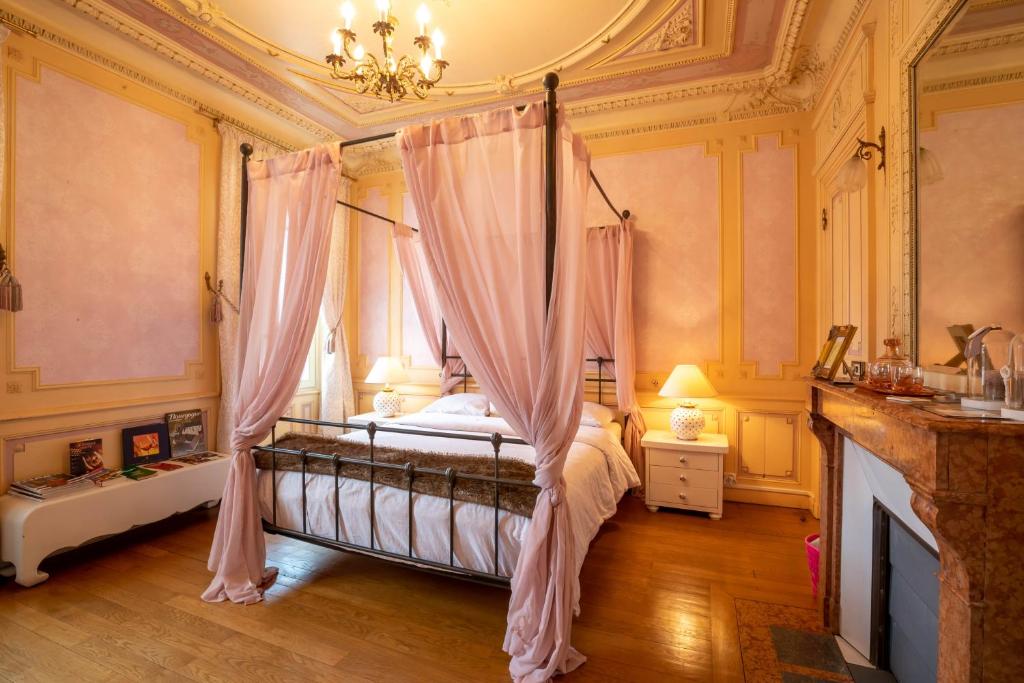 Bligny-lès-BeauneにあるL'Escale de Jules et Lilyのベッドルーム(ピンクのカーテン付きの天蓋付きベッド1台付)