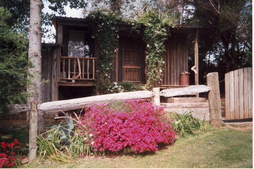 a wooden house with a fence and pink flowers at Snowy Mountain Holidays in Towong