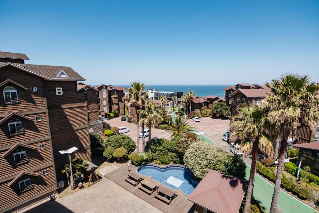 an aerial view of a resort with a pool and palm trees at Dyne Resort in Jeju