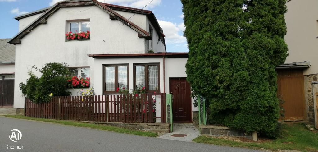 a white house with red flowers in the windows at Dvougenerační dům se zahradou in Vimperk