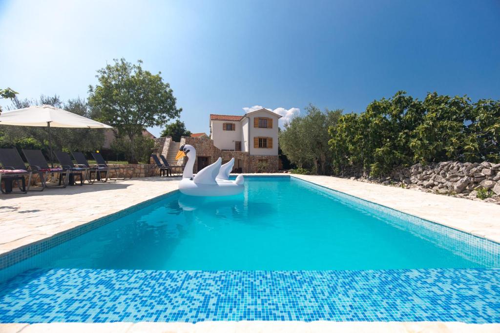 een zwembad met twee zwanen in het water bij Villa Nadia in Dobrinj