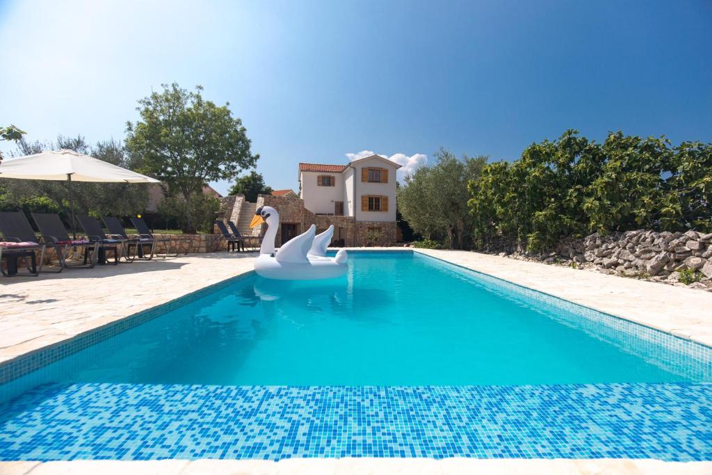 a swimming pool with two swans in the water at Villa Nadia in Dobrinj