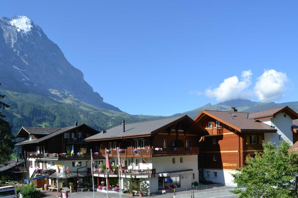 a group of buildings with mountains in the background at Hotel Caprice - Grindelwald in Grindelwald