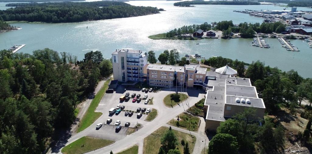 an aerial view of a building next to a body of water at Finlandia Hotel Aquarius in Uusikaupunki