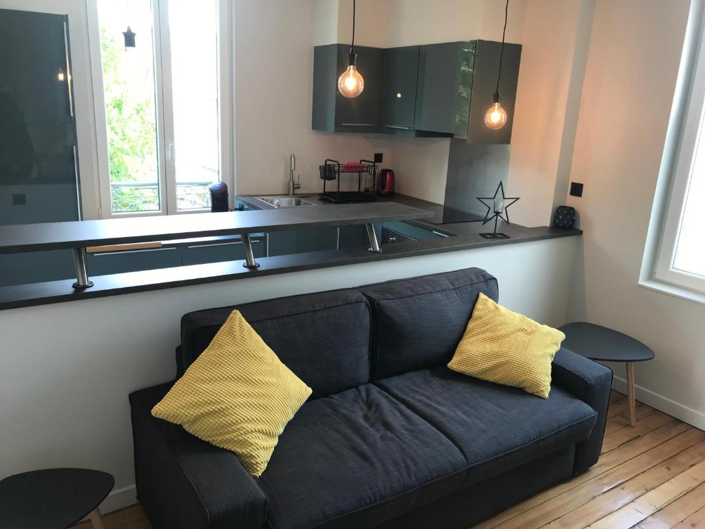 ein Wohnzimmer mit einem Sofa und einer Küche in der Unterkunft bord de seine in Bar-sur-Seine