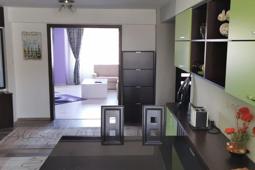 una camera con cucina e soggiorno di Luxury apartment with two bedrooms and large living room, 100 square meters, city center a Oradea