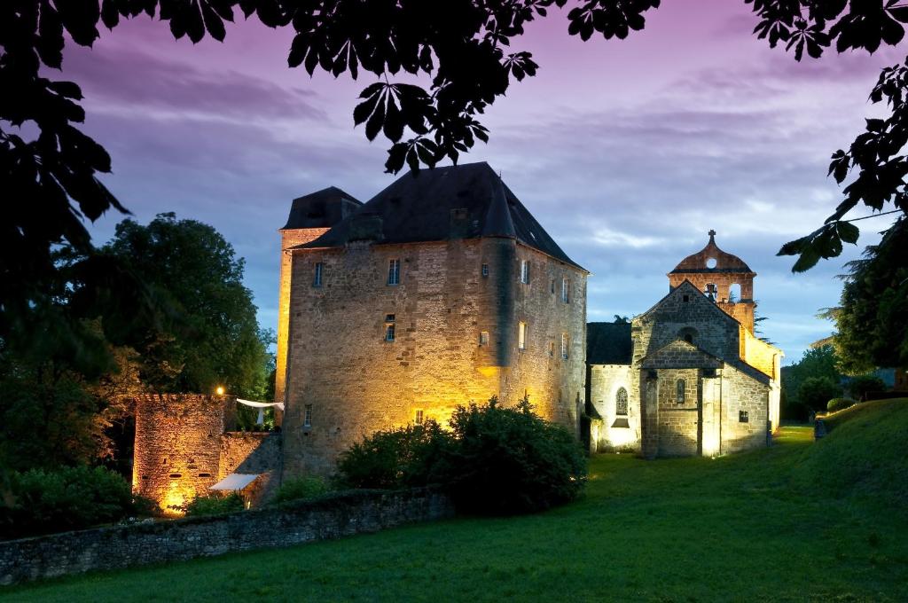 un vieux château dans un champ la nuit dans l'établissement Chateau de Lissac, à Lissac-sur-Couze