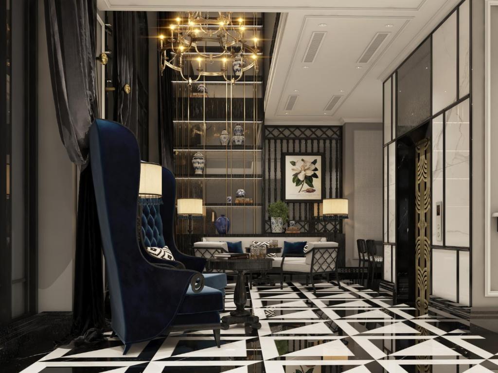 a rendering of a living room with a chandelier at Hanoi Paradise Center Hotel & Spa in Hanoi
