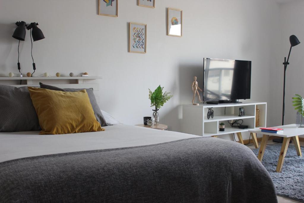 1 dormitorio con 1 cama, TV y mesa en Bright & Cozy Apart near City Center, Caballito en Buenos Aires