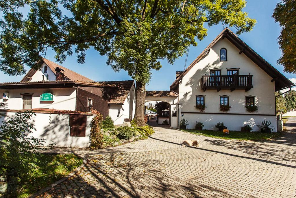 a large white house with a dog laying on a driveway at Pension U Dvou čápů in Chocerady