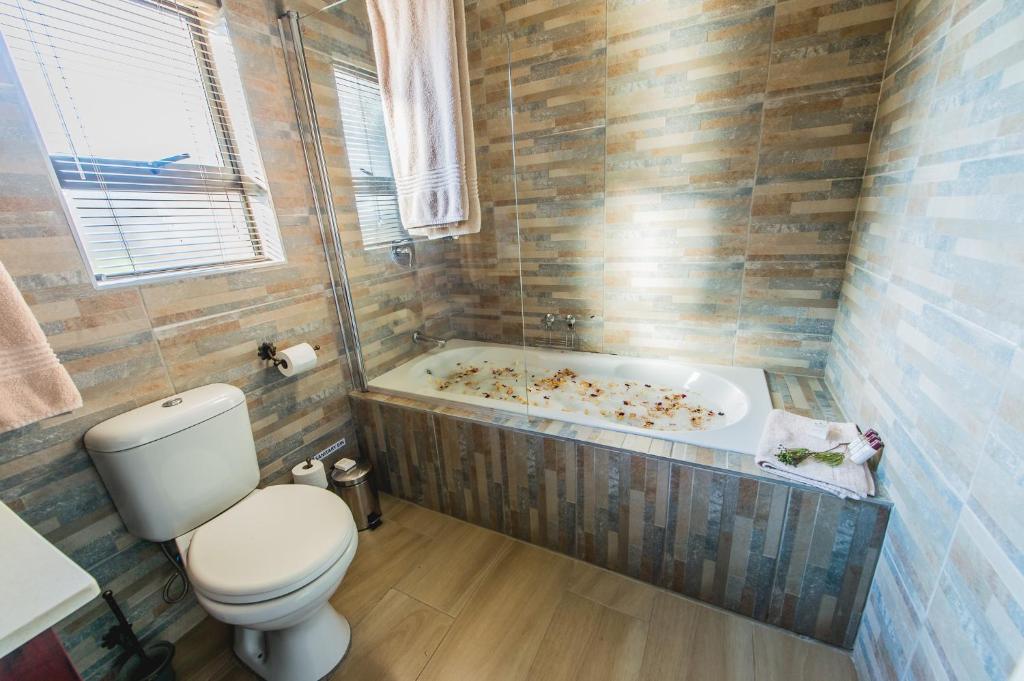 a bathroom with a toilet and a bath tub at Ritsako Game Lodge in Klipdrift