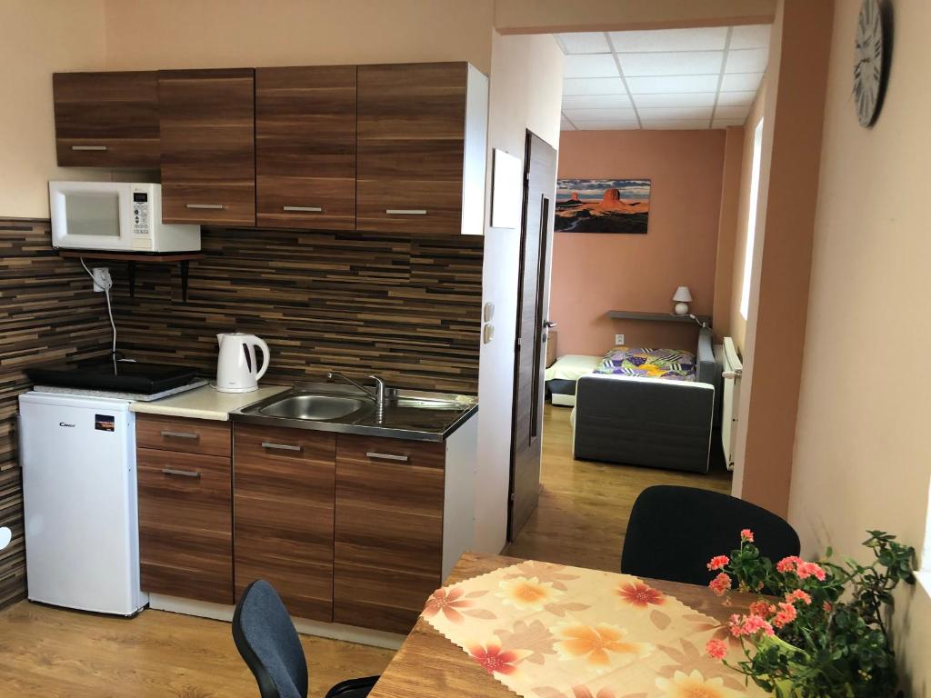 a kitchen with a sink and a table in a room at Ubytovanie Poprad in Poprad