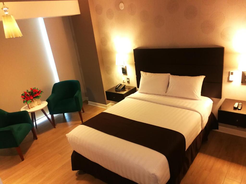 Habitación de hotel con 1 cama y 2 sillas en Hotel Inclan, en Lima