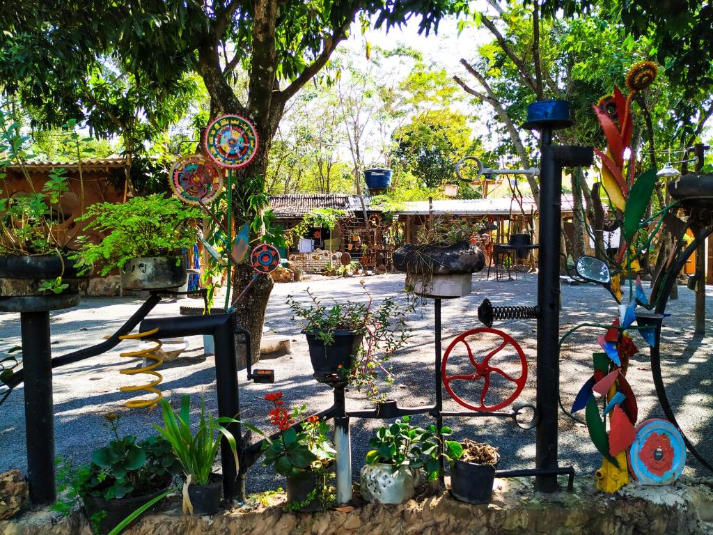 un jardín con macetas y otras plantas en Camping Nomadas, en Bonito