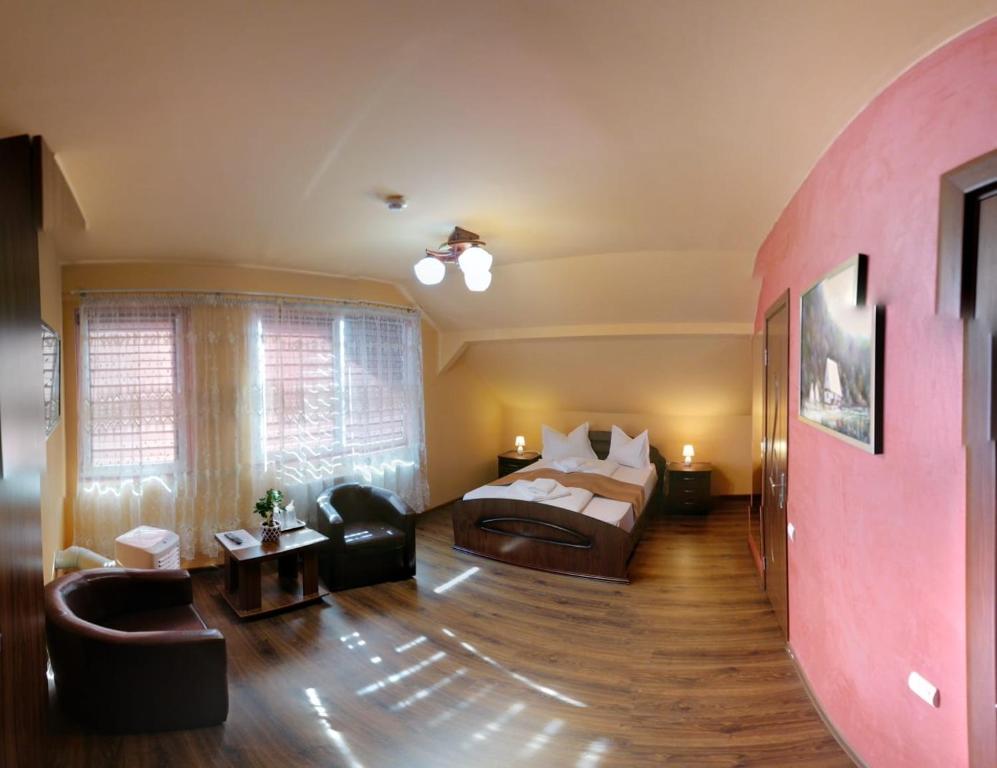 トゥルグ・ムレシュにあるPensiunea Muresul 3*のベッドルーム1室(ベッド1台付)、リビングルーム(ソファ付)