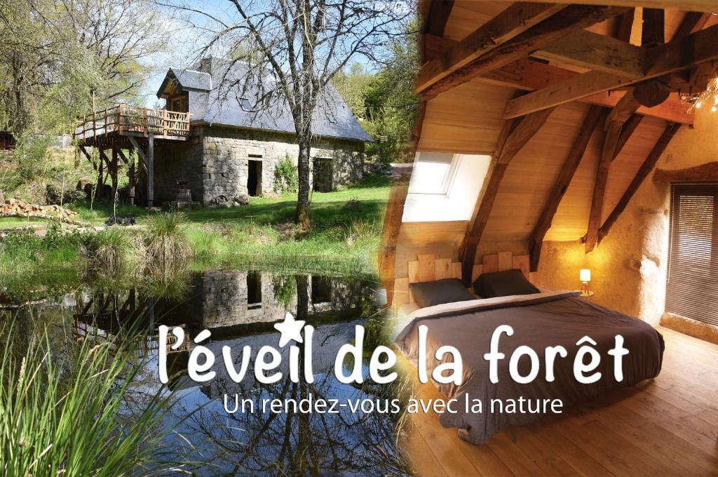 a house with a pond in front of a house at Gîte Nature in Vitrac-sur-Montane