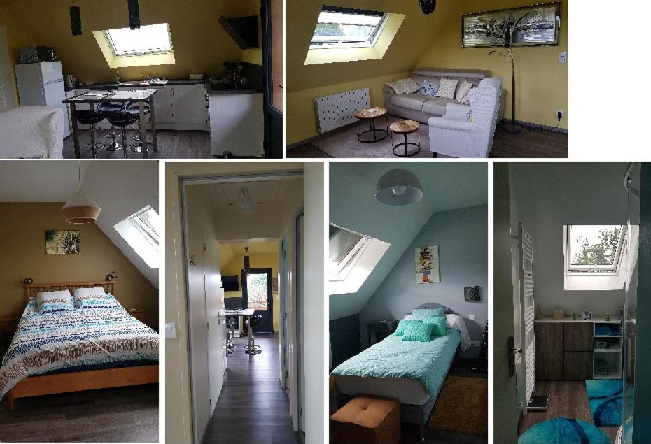 four pictures of a room with a bed and a room with windows at nid cauchois in Betteville