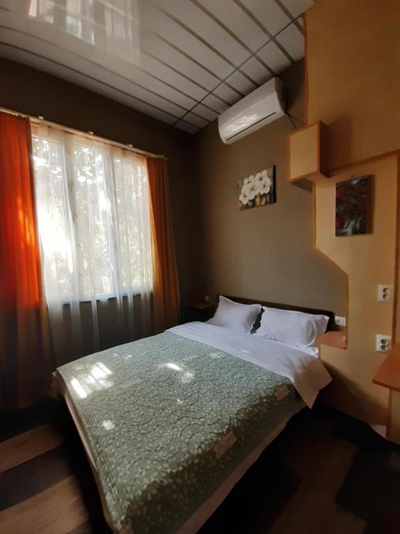 een slaapkamer met een bed met een raam en een sprei bij Joniskera in Tbilisi City