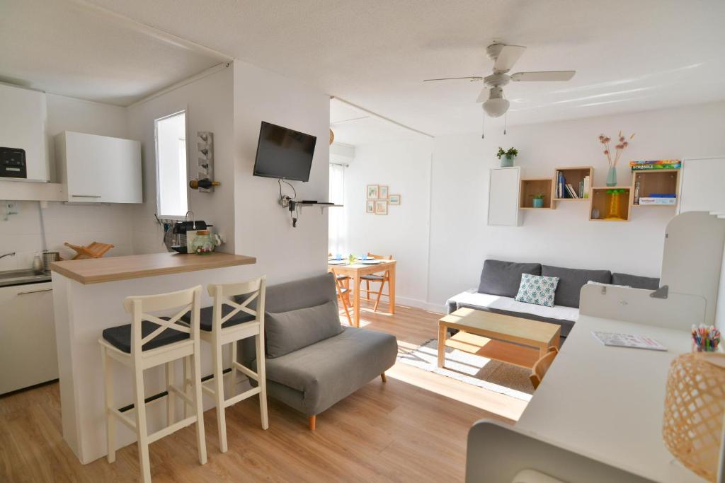una pequeña sala de estar con cocina y sala de estar. en Studio Carnon loggia au soleil et la mer à 2 pas, en Mauguio