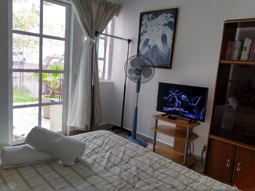 um quarto com uma cama, um candeeiro e uma televisão em Milenio III B&B em Querétaro