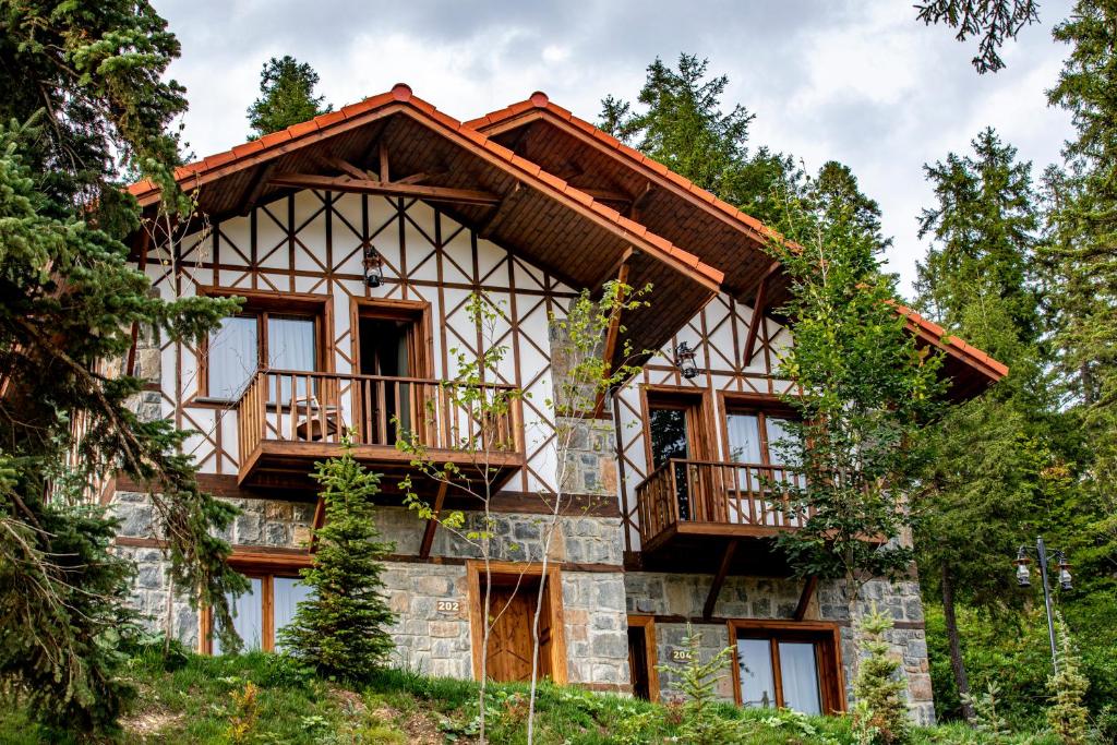 a house in the woods with a balcony at Foleya Mountain Resort Hotel & Villas in Trabzon