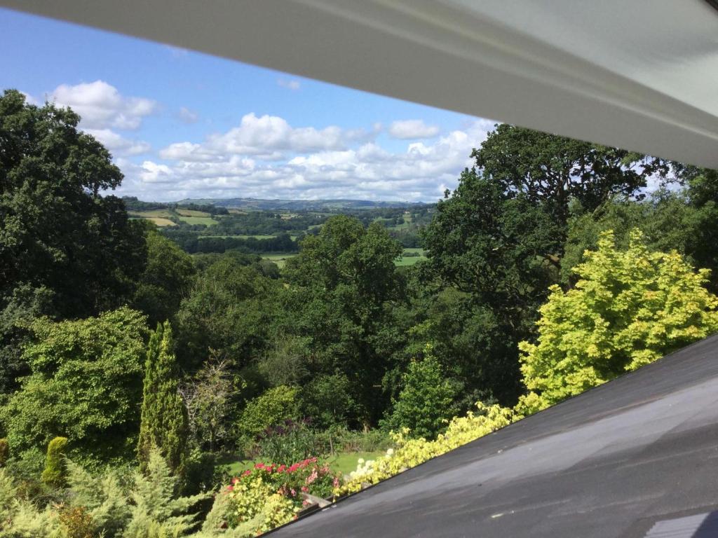 Blick auf die Landschaft von der Spitze eines Hügels mit Bäumen in der Unterkunft Dwynant - A Room with a View in Llangathen