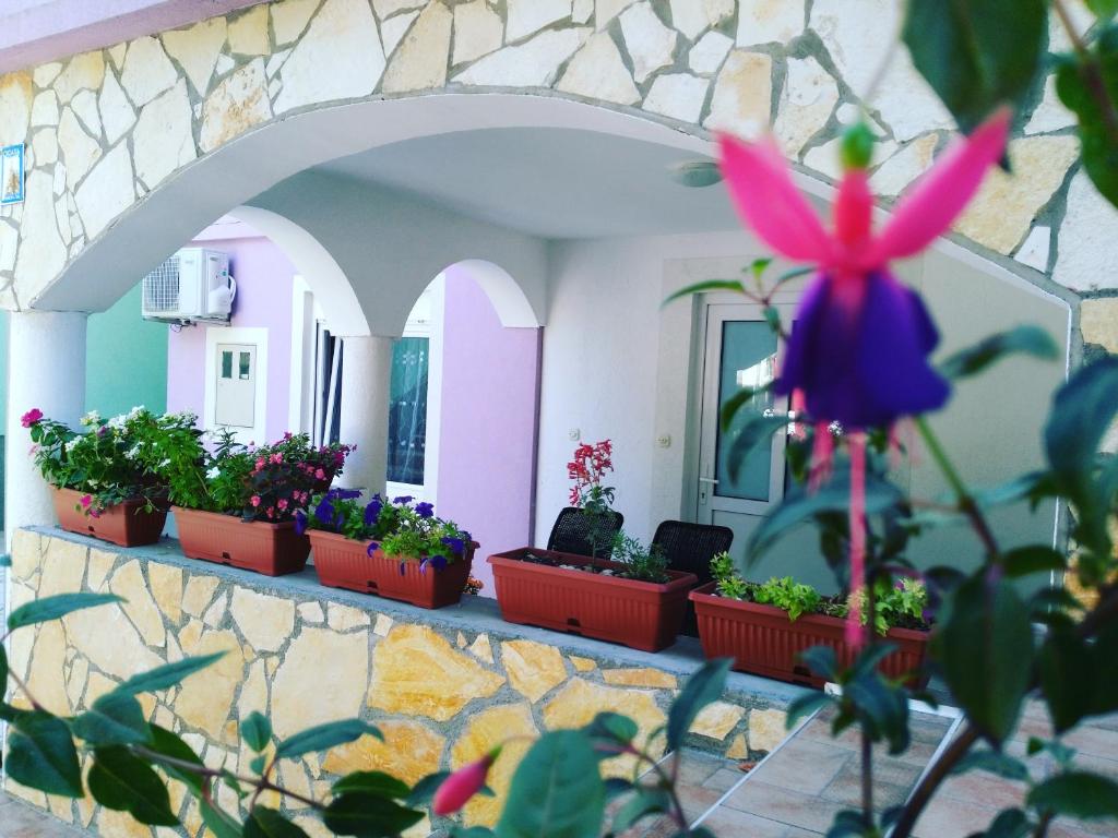 una fila di vasi di fiori su un muro con piante di Apartments Ema & Sea with free private parking a Pola (Pula)